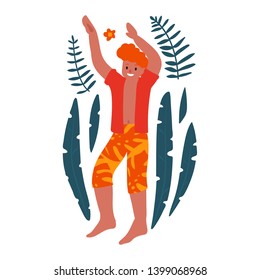 Cheerful guy in a red shirt dances among tropical leaves. Bodypositive. Character isolated on a white background. Simple hand drawn flat style vector illustration
