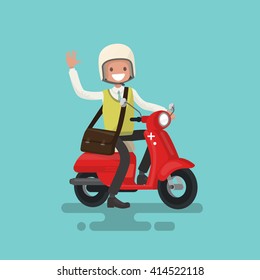 Cheerful guy rides a motorbike. Vector illustration