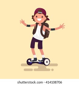 Cheerful guy rides on gyroscooter. Vector illustration