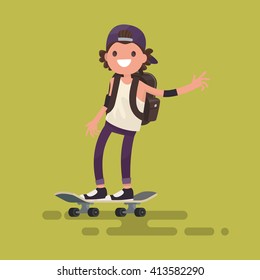Cheerful guy riding a skateboard. Vector illustration