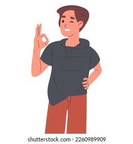 Un tipo alegre que muestra la señal de que está bien. Hombre con gesto positivo, persona sonriente feliz lenguaje corporal ilustración vectorial plana en fondo blanco