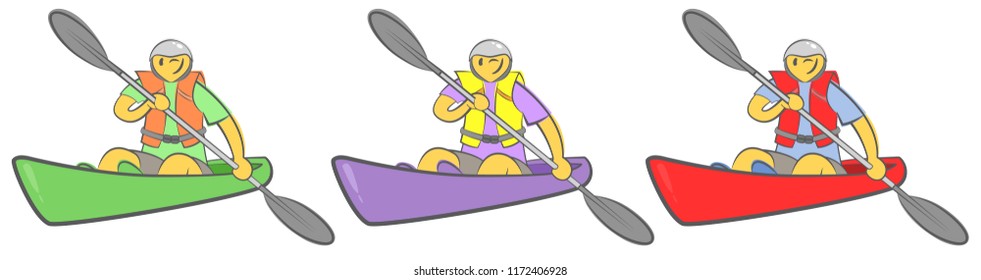 Cheerful guy sitting in kayak and holding paddle. Man paddling a kayak. Concept for adventure, travel, action. Active summer recreation. Hand drawn cartoon doodle vector illustration. Three colors.