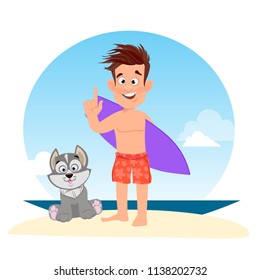 A cheerful guy with a surfboard and the dog on the beach. Holidays.