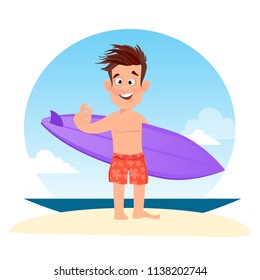 A cheerful guy with a surfboard on the beach. Holidays.