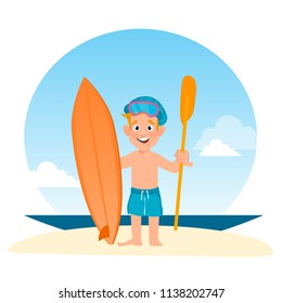 A cheerful guy with a surfboard and a paddle for rowing on the beach.