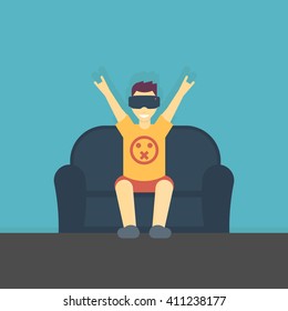 cheerful guy in virtual reality headset on couch in flat style, vector illustration