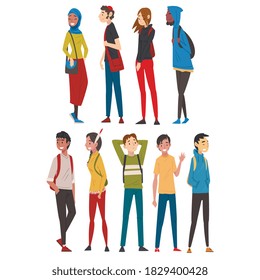 Cheerful Guys and Girls in Casual Clothes Collection, International College or University Students Characters Vector Illustration