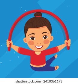 A cheerful gymnastics child is joyfully jumping over a red skipping rope in a vector illustration.