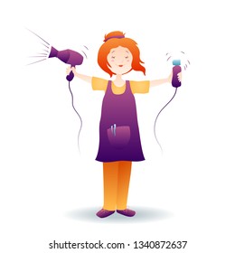 Cheerful hairdresser with hair dryer and clipper.