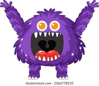 A cheerful and hairy purple alien monster in cartoon style