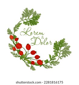 Cheerful half-wreath with colorful daisy leaves and dog rose fruits. The composition is covered with a snow-like texture. svg