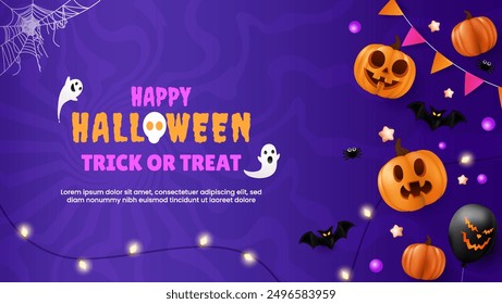 Cheerful Halloween backdrop featuring pumpkins, spiders, bats, flags, and a glowing fiesta lamp. Perfect for a party flyer or invitation template. EPS 10 vector illustration.