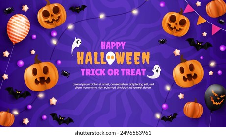 Cheerful Halloween backdrop featuring pumpkins, spiders, bats, flags, and a glowing fiesta lamp. Perfect for a party flyer or invitation template. EPS 10 vector illustration.