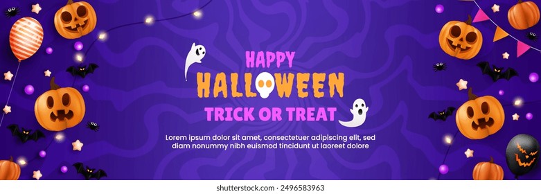 Cheerful Halloween backdrop featuring pumpkins, spiders, bats, flags, and a glowing fiesta lamp. Perfect for a party flyer or invitation template. EPS 10 vector illustration.