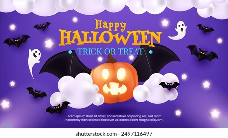 Cheerful Halloween backdrop featuring pumpkins, bats, flags, and a glowing fiesta lamp. Perfect for a party flyer or invitation template. EPS 10 vector illustration.
