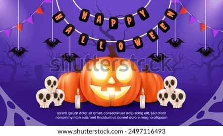 Cheerful Halloween backdrop featuring pumpkins, bats, flags, and a glowing fiesta lamp. Perfect for a party flyer or invitation template. EPS 10 vector illustration.
