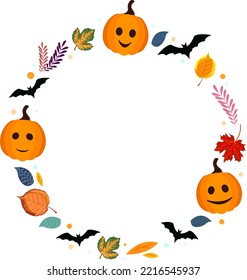 Cheerful Halloween background with elements arranged in a circle: pumpkins, autumn leaves, bats. Background for a congratulatory or promotional post on the Internet