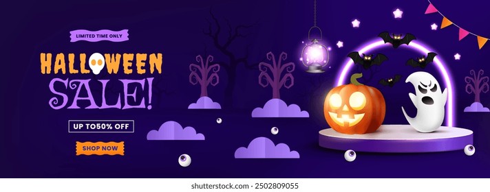 Cheerful Halloween greeting card backdrop featuring pumpkins, spooky lantern, bats, flags, and a glowing fiesta lamp vector illustration.
