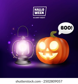 Cheerful Halloween greeting card backdrop featuring pumpkins, bats, flags, and a glowing fiesta lamp vector illustration.
