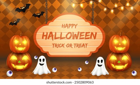 Cheerful Halloween greeting card backdrop featuring pumpkins, bats, flags, and a glowing fiesta lamp vector illustration.