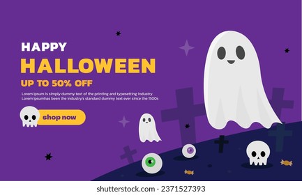 Cheerful Halloween Haunts: Cute Ghost Adorns Spooky Tomb in Festive Banner