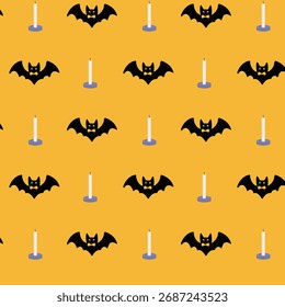 Ein fröhliches Halloween-Muster mit einer Fledermaus und Kerzen. Eine einfache Vektorgrafik zum Dekorieren von Kleidung und Textilien.