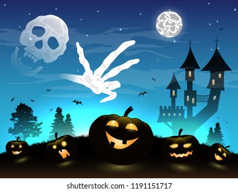 Cheerful Halloween pumpkins run away from the skull in the sky. The skeleton draws a hand. House of a fairy tale in the background. The moon was frightened. Vector illustration.