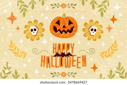 Un alegre afiche de Vector hecho a mano con la temática de Halloween con una calabaza tallada, flores de calavera y follaje. El texto Feliz Halloween se muestra de forma destacada con un Pequeño icono de murciélago.