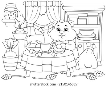 Cheerful hamster eats in the kitchen, home interior. Children coloring book.
