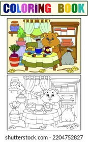 Cheerful hamster eats in the kitchen, home interior. Set example and children coloring book.