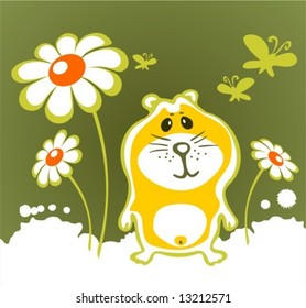 Cheerful hamster and flowers  on a green background.