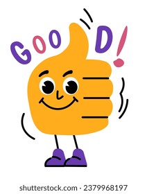 Cheerful hand character with good gesture. Positive affirmation in form of raising the thumb up, approval or like expression sign. Emoji or emoticon, sticker or personage. Vector in flat style