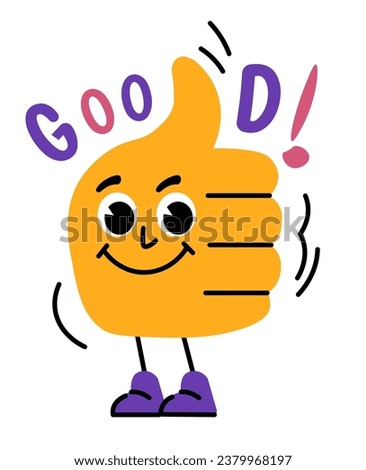 Cheerful hand character with good gesture. Positive affirmation in form of raising the thumb up, approval or like expression sign. Emoji or emoticon, sticker or personage. Vector in flat style