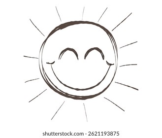 Cheerful hand drawn cartoon sun with closed eyes and a radiant smile. Vector illustration of character radiates warmth and positivity weather design element