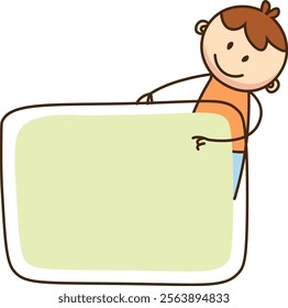 Cheerful hand drawn child holding a blank green board for text. Vector Illustration.