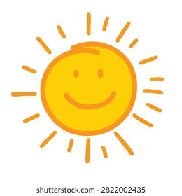 A cheerful hand drawn illustration of a yellow sun with a friendly smiling face and radiating sunbeams