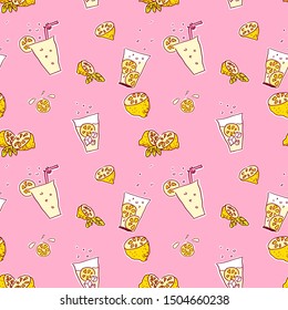Cheerful hand drawn seamless pattern with yellow lemons, lemonade glass containing straw, ice cubes and lemon slices on pink background. Nice vector doodle for textile design, scrapbook or wallpaper.