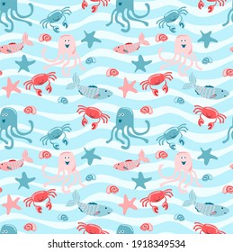 Cheerful hand drawn vector seamless pattern with different sea animals. Cartoon characters. Octopus, fish, crabs, shellfish, sea, ocean, seashells. Summer and children's background