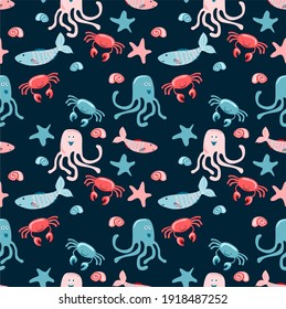 Cheerful hand drawn vector seamless pattern with different sea animals. Cartoon characters. Octopus, fish, crabs, shellfish, sea, ocean, seashells. Summer and children's background