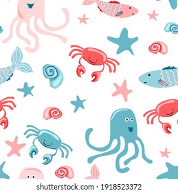 Cheerful hand drawn vector seamless pattern with different sea animals. Cartoon characters. Octopus, fish, crabs, shellfish, sea, ocean, seashells. Summer and children's background