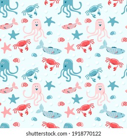 Cheerful hand drawn vector seamless pattern with different sea animals. Cartoon characters. Octopus, fish, crabs, shellfish, sea, ocean, seashells. Summer and children's background