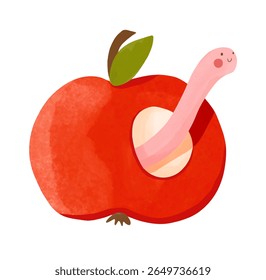Cheerful Hand Drawn Worm In A Red Apple On A White Background. Vector Illustation Of Childish Drawing-like Pink Smiling Warm. Nursery Art With Happy Fruit. Kids Room Decoration With Big Red Apple. RGB