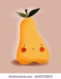Cheerful Hand Drawn Yellow Pear On A Beige Background. Vector Illustation Of Childish Drawing-like Smiling Pear. Nursery Art With Kawaii Style Happy Fruit. Kids Room Decoration With Funny Fruit. RGB.