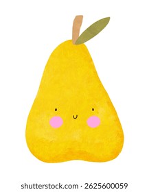 Cheerful Hand Drawn Yellow Pear On A White Background. Vector Illustation Of Childish Drawing-like Smiling Pear. Nursery Art With Kawaii Style Happy Fruit. Kids Room Decoration With Funny Fruit. RGB.