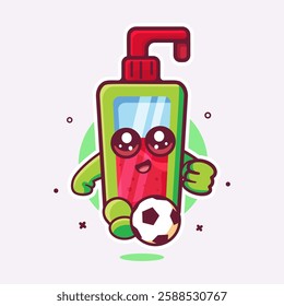 cheerful hand sanitizer bottle character mascot playing football isolated cartoon