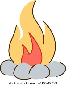 A cheerful hand-drawn campfire with glowing embers. This bright image evokes warmth and comfort. Cartoon Vector Illustration.