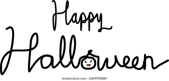 A cheerful hand-drawn "Happy Halloween" script featuring a small, creatively carved pumpkin replacing the letter "o." This festive graphic is presented on a transparent background, making it
