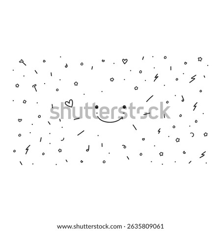 A cheerful, hand-drawn illustration features a smiling face filled with stars, hearts, and confetti decorations. This whimsical design is rendered in a charming black and white doodle style