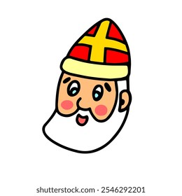 A cheerful, hand-drawn illustration of Saint Nicholas’ face, featuring bright colors and a whimsical, festive design perfect for holiday themes.