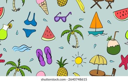 A cheerful hand-drawn pattern featuring summer essentials such as ice cream, cocktails, swimwear, and sunshine — ideal for wallpapers, textiles, and party invitations.